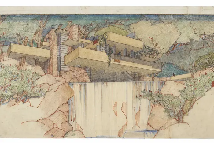 Frank Lloyd Wright (American, 1867–1959). Fallingwater (Kaufmann House), Mill Run, Pennsylvania. 1934–37. Perspective from the south. Pencil and colored pencil on paper, 15 3/8 × 25 1/4″ (39.1 × 64.1 cm). The Frank Lloyd Wright Foundation Archives (The Museum of Modern Art | Avery Architectural & Fine Arts Library, Columbia University, New York)